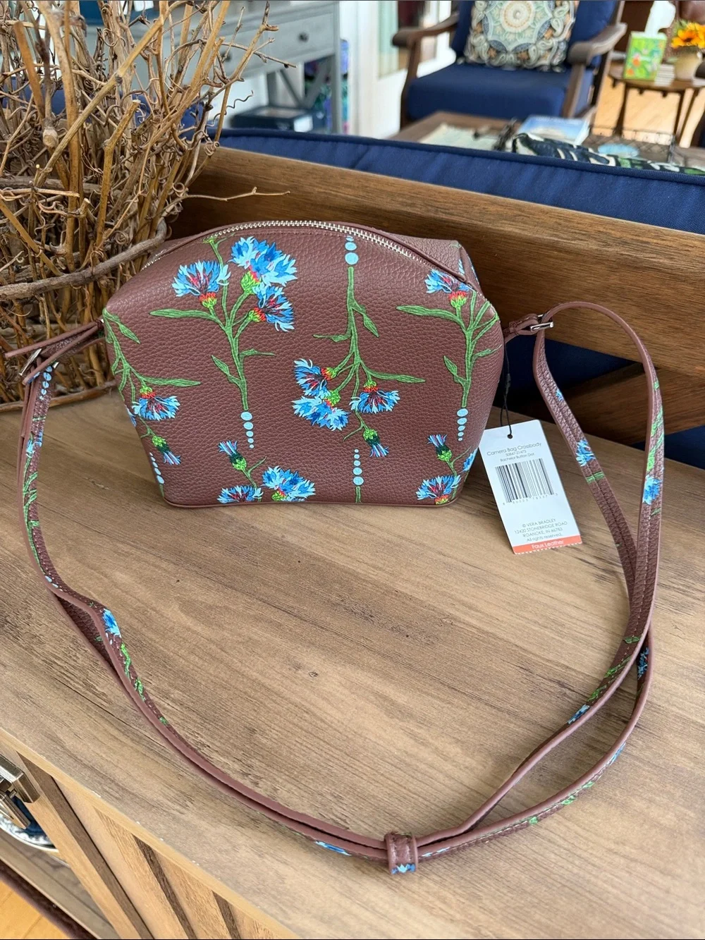 Vera Bradley Brown Crossbody with Blue Floral Print